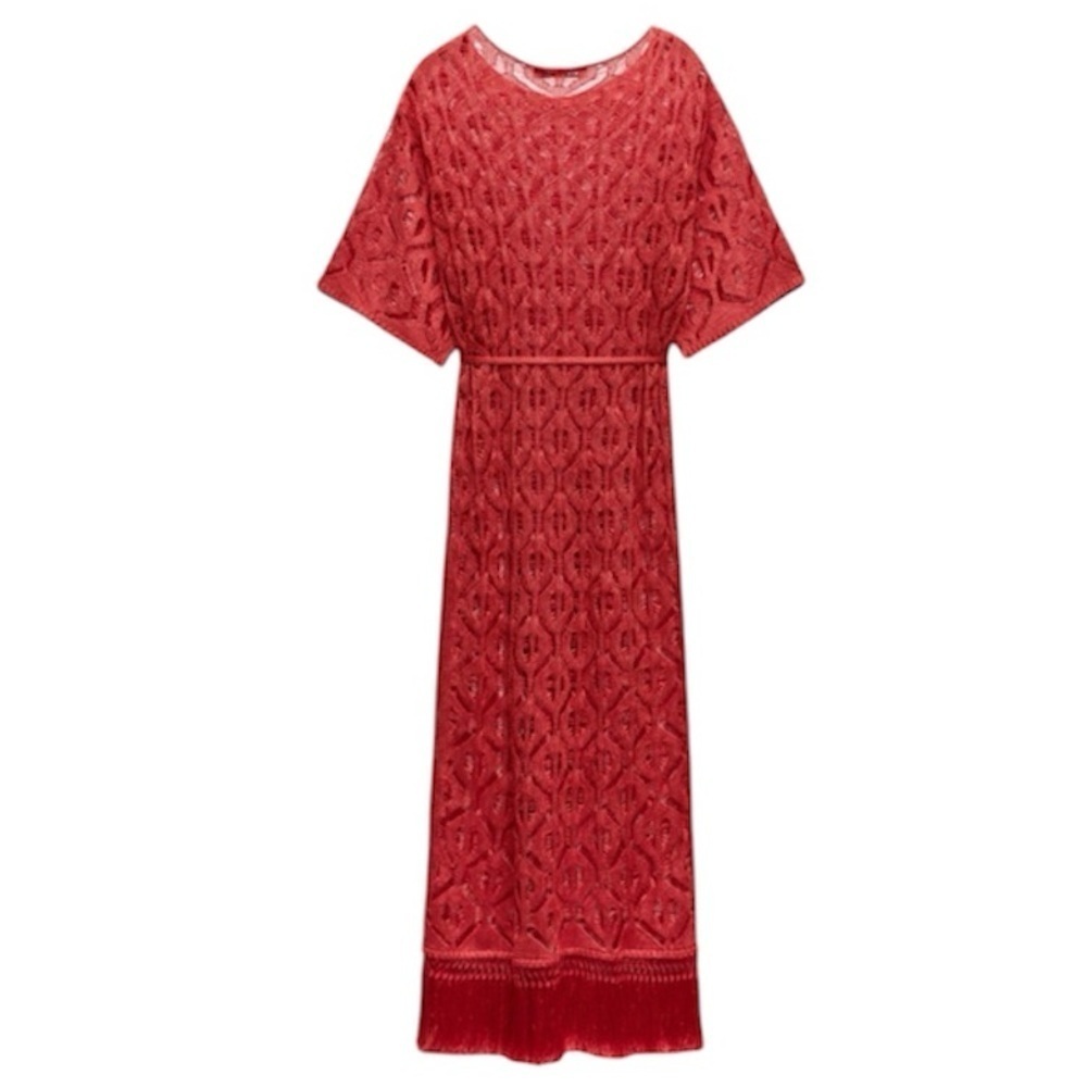 Zara- NWT Red Crochet Shortsleeve Fringe Trim Midi Swimsuit Coverup Dress